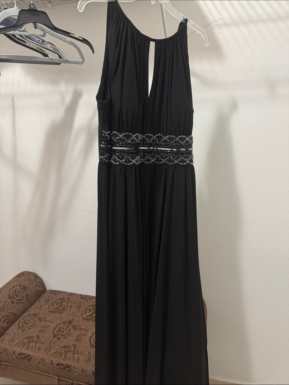 Beaded Waist Black Halter Maxi Dress